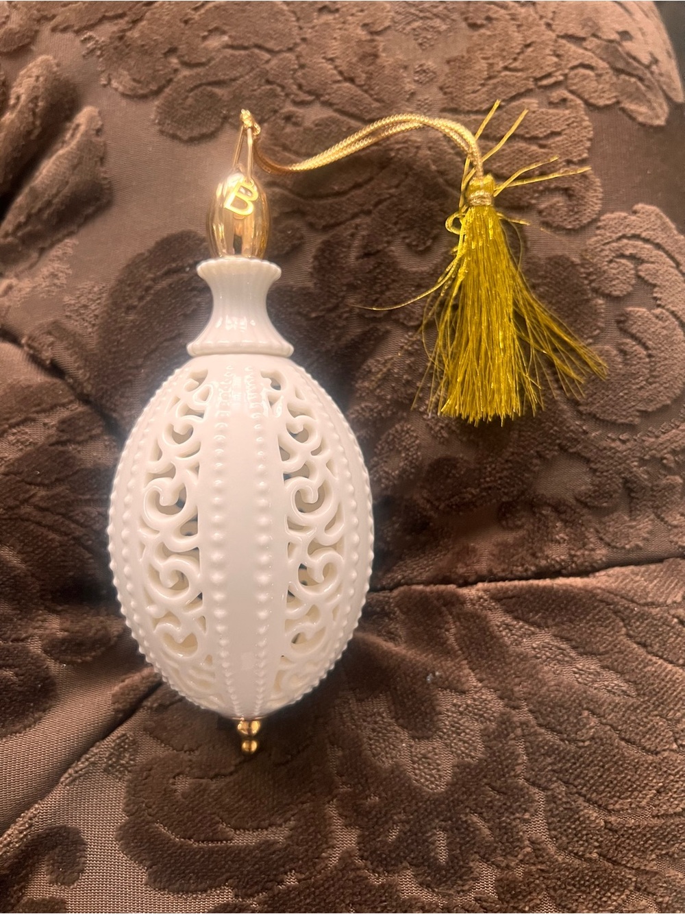 Belleek Ivory Filigree Ornament with Gold Tassel